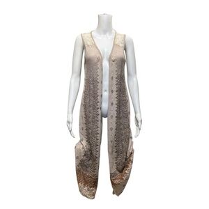 Be Vocal Neutral Lacy Applied Bling Open Front Knit Long Line Vest Size M